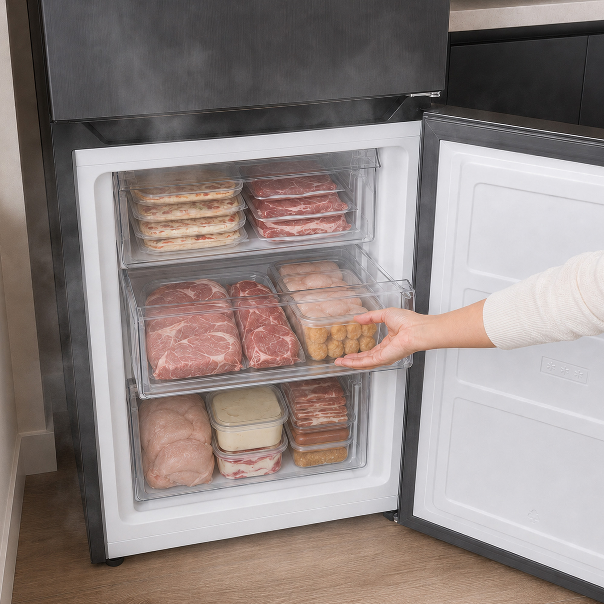 A hand opens an open freezer filled with clear drawers containing various meats, poultry, and wrapped frozen foods.