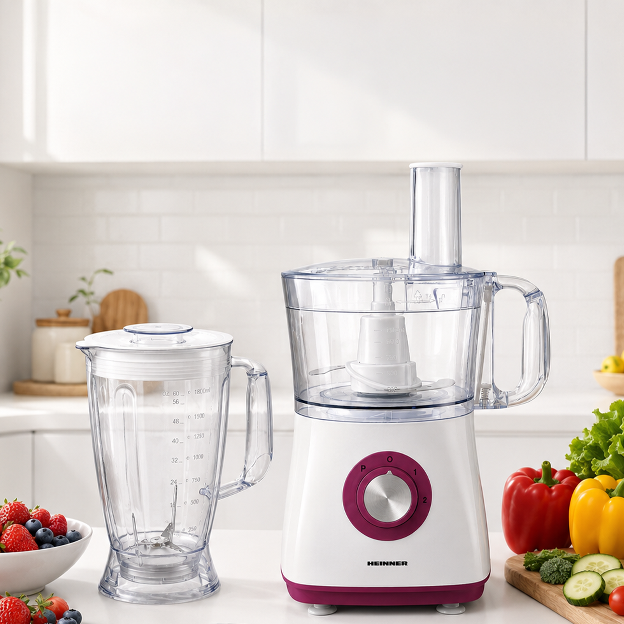 Eine weiße und violette Küchenmaschine mit separatem Mixbecher steht auf einer weißen Arbeitsplatte mit frischem Gemüse.