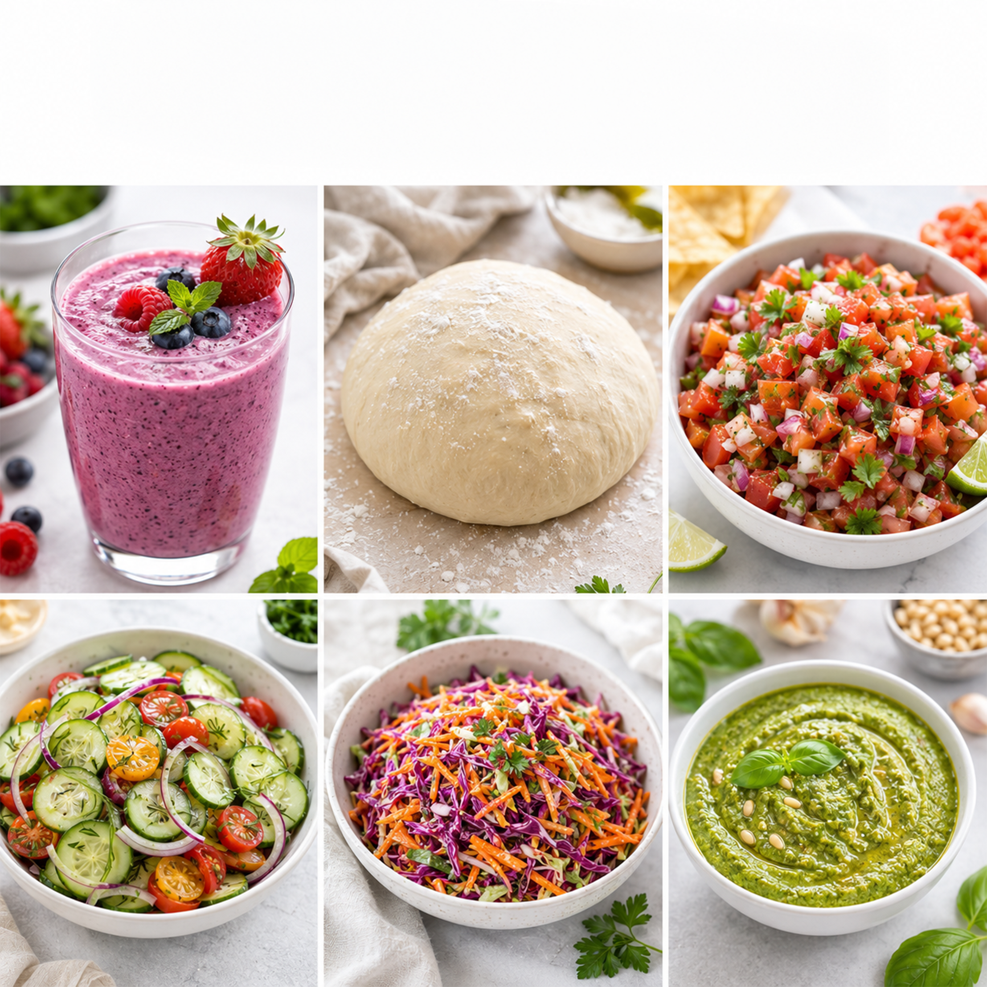 Eine Collage zeigt einen rosafarbenen Smoothie, Teig, frische Salsa, Gurkensalat, Krautsalat und grüne Pesto.