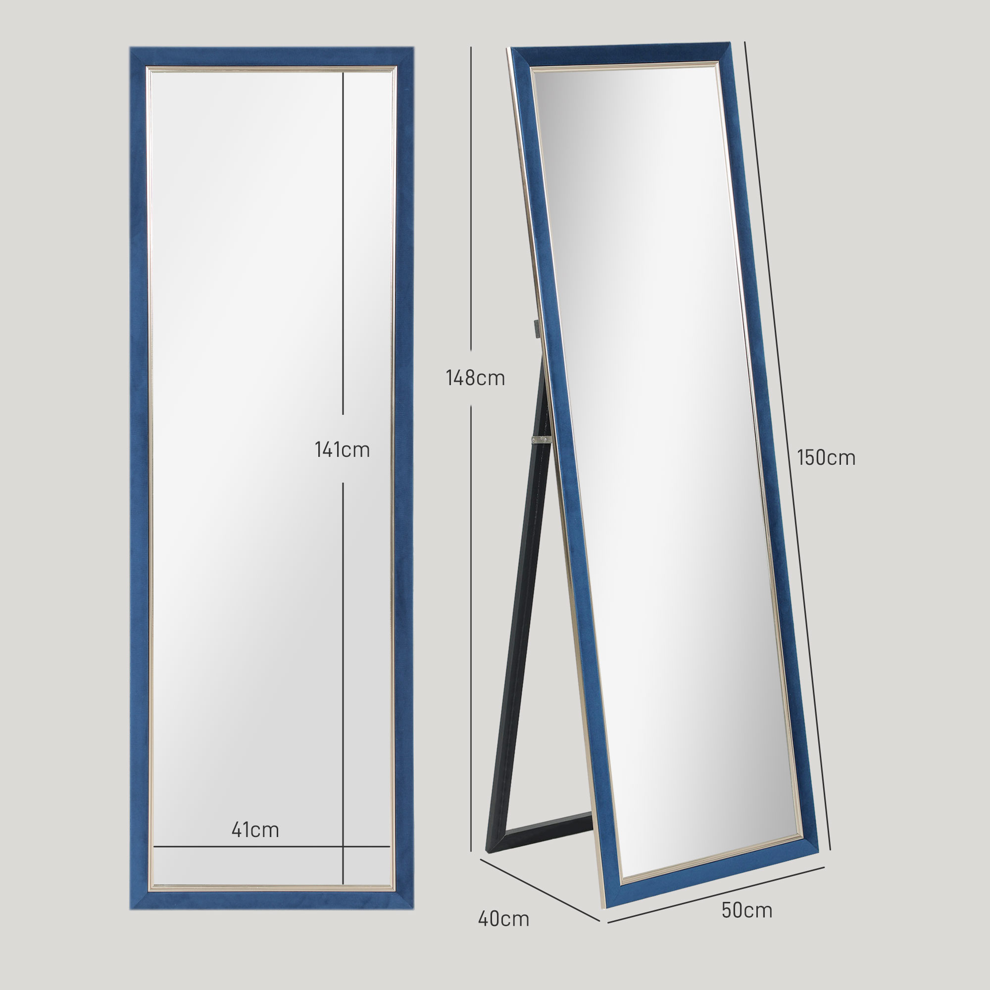 Un espejo de cuerpo entero azul con marco plateado muestra dimensiones de 50x150cm desde dos ángulos sobre fondo gris claro.