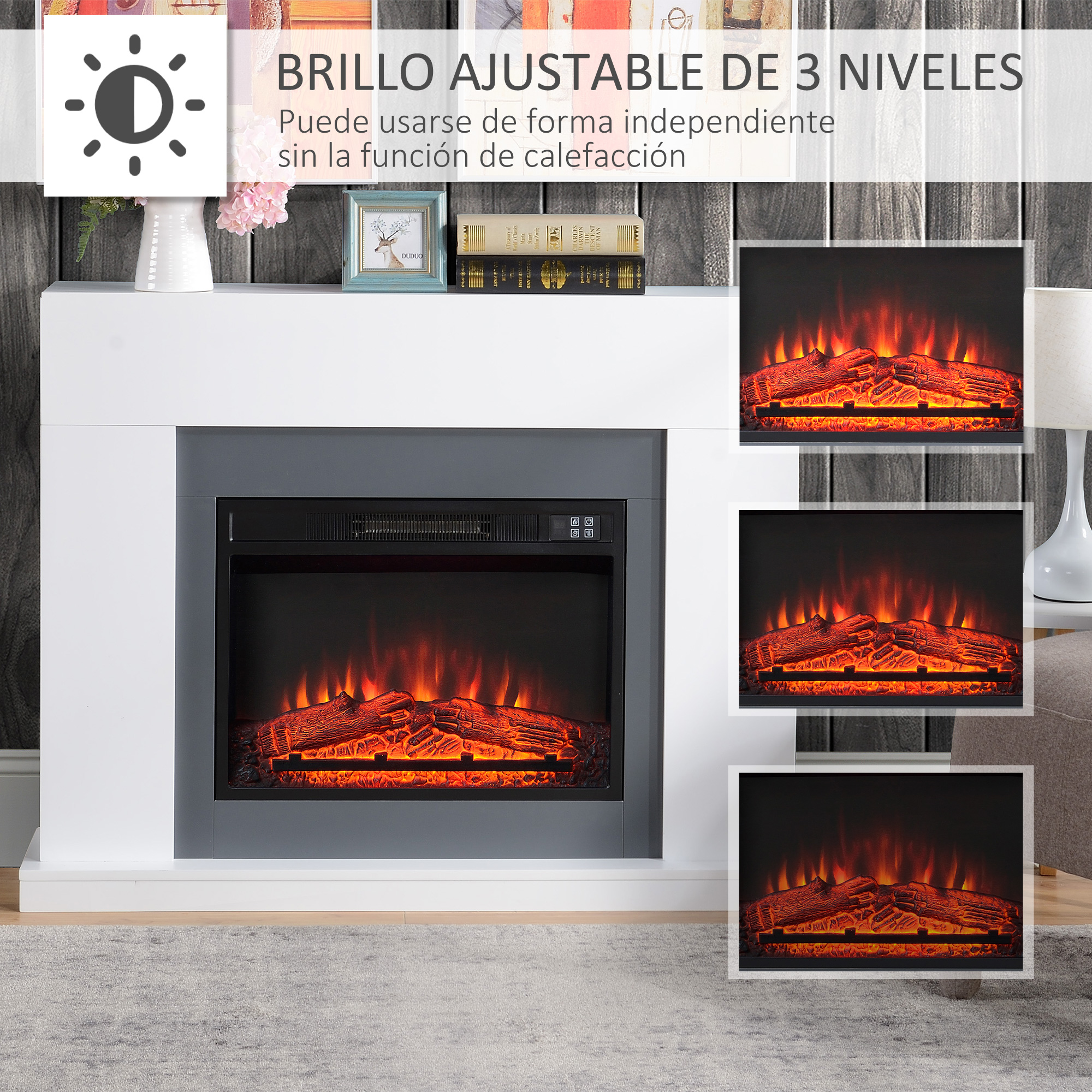 Chimenea eléctrica con repisa blanca y tres niveles de brillo ajustables para las llamas.