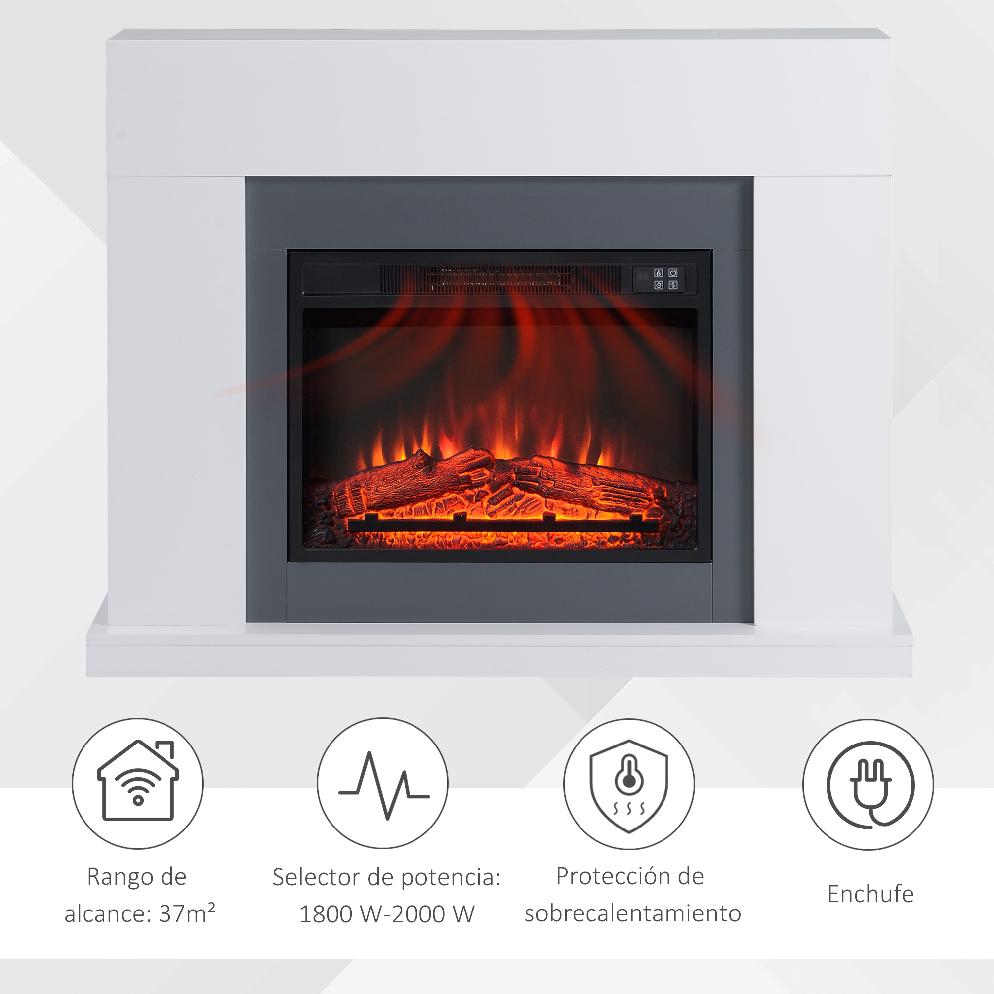 Chimenea eléctrica blanca moderna con fuego artificial y cuatro iconos de funciones.