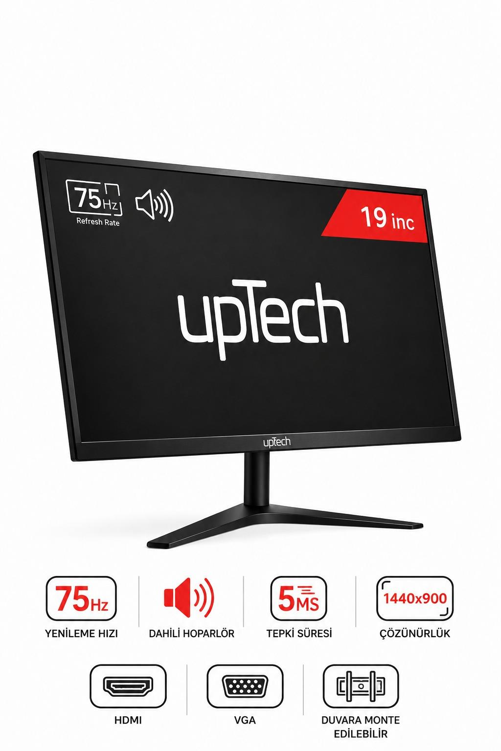 Alt kısımda özellik simgeleri olan stantlı siyah 19 inç Uptech monitör.