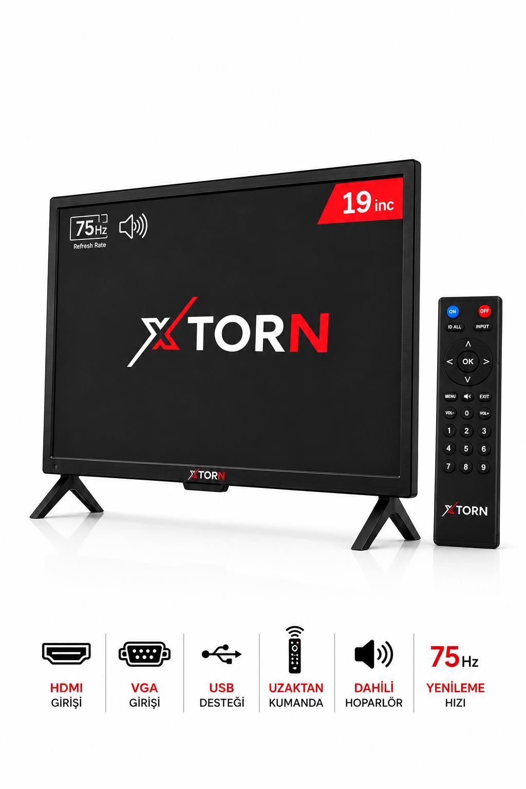 Beyaz arka planda uzaktan kumanda ve bağlantı noktası simgeleri olan siyah 19 inç XTORN TV.