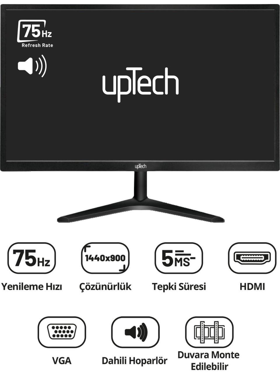 75Hz, çözünürlük, 5ms, HDMI, VGA, dahili hoparlör ve duvara monte edilebilir özellikli Uptech monitör.