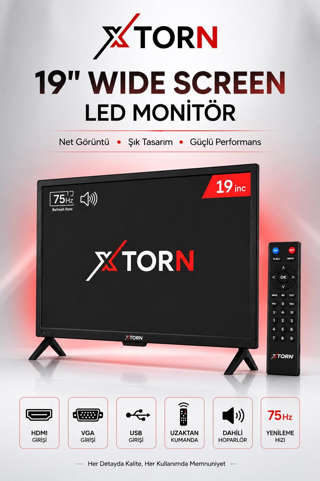 Uzaktan kumandalı ve bağlantı simgeli Xtorn 19 inç geniş ekran LED monitör.