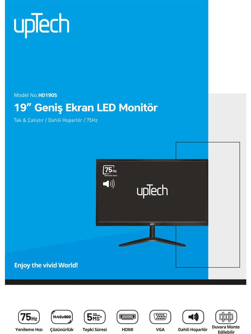Teknik özelliklere sahip 19 inç Uptech LED monitör için mavi promosyon afişi.
