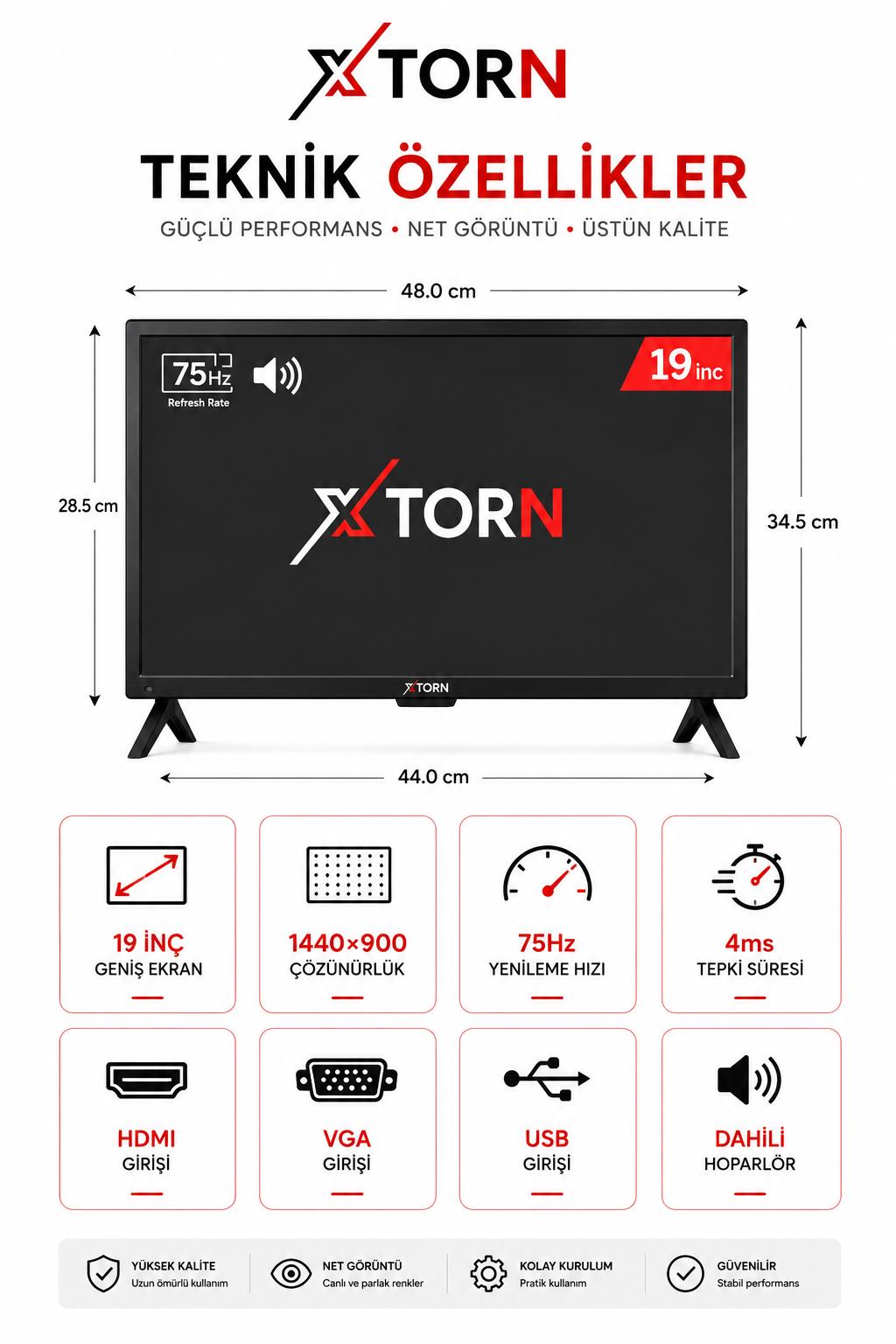 Boyutları, özellikleri ve bağlantı noktaları olan 19 inç X-Torn monitör için teknik özellikler.