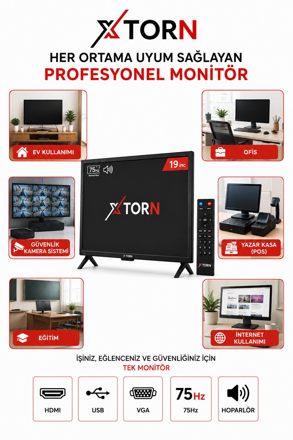 Ev, ofis, güvenlik, POS, eğitim ve internet için HDMI, USB, VGA girişli XTORN 19 inç monitör.
