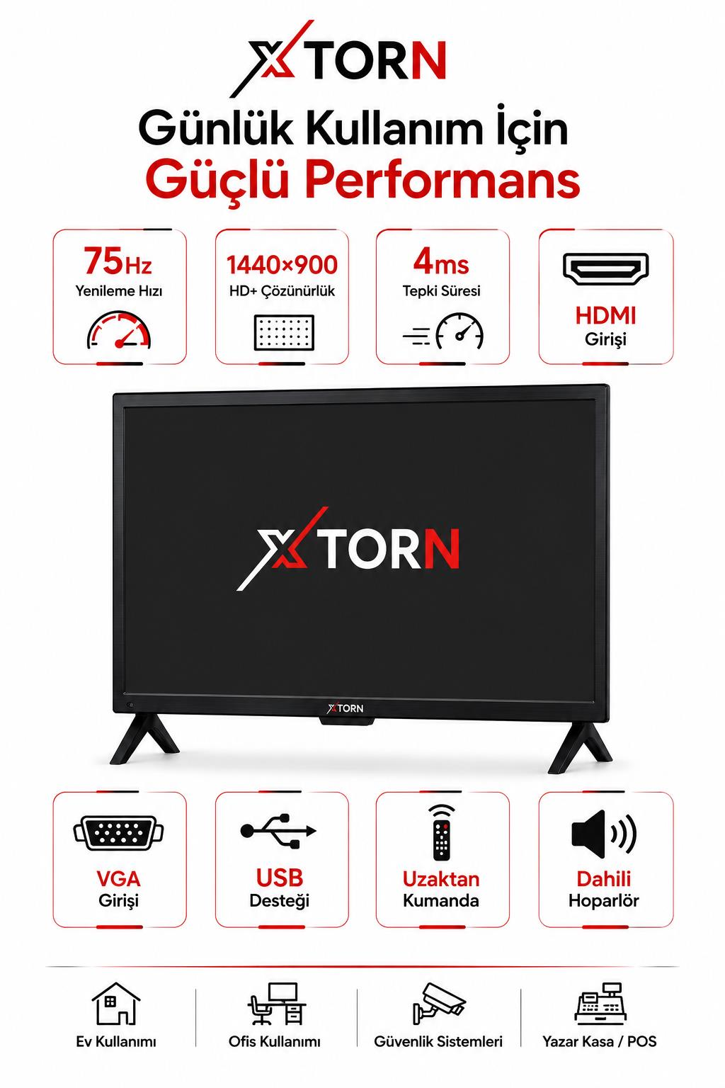75Hz, HD+ çözünürlük, 4ms ve giriş özelliklerini gösteren XTORN monitör tanıtım afişi.