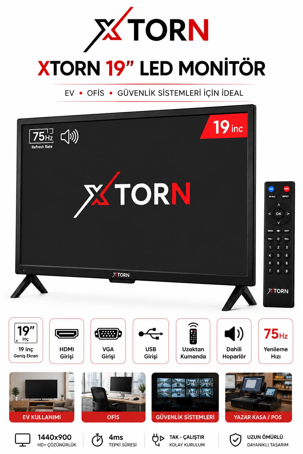 Beyaz arka planda uzaktan kumanda, HDMI, VGA, USB ve dahili hoparlörlere sahip XTORN 19 inç LED monitör.
