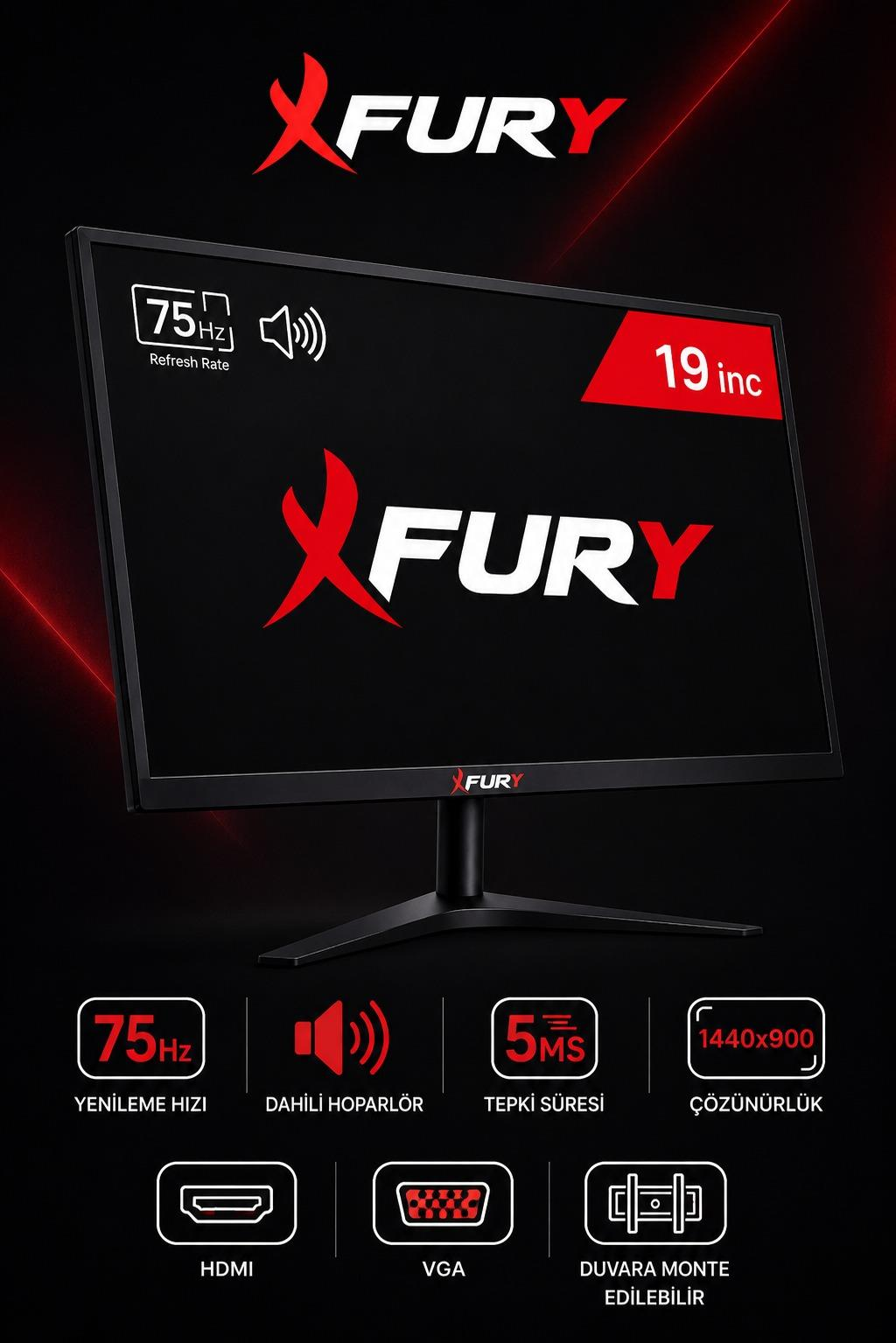 Siyah renkli 19 inç Fury bilgisayar monitörü, 75Hz yenileme hızı ve teknik özellik ikonlarıyla birlikte sergileniyor.