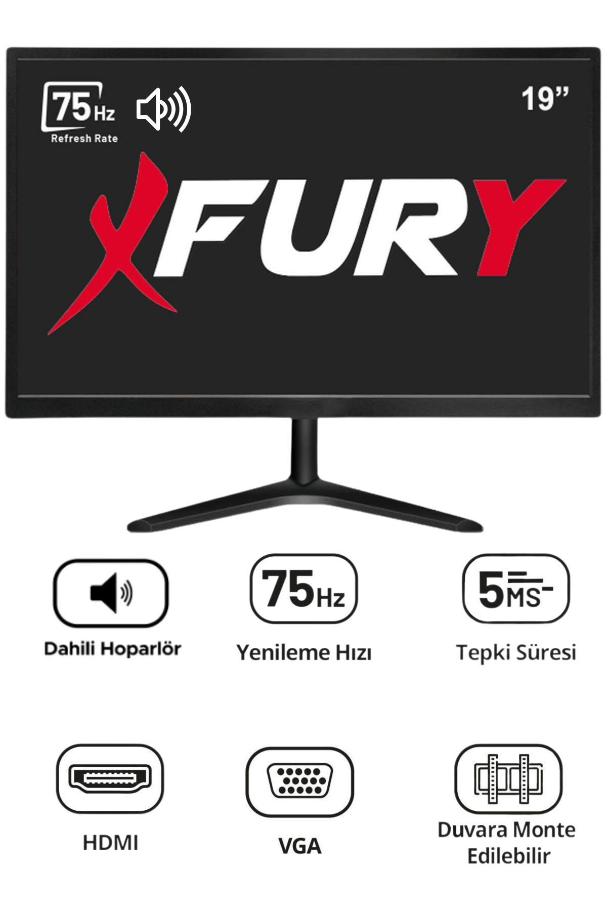 75Hz, hoparlör, 5ms tepki süresi, HDMI, VGA ve duvara monte özellikli siyah 19 inç Fury monitör.