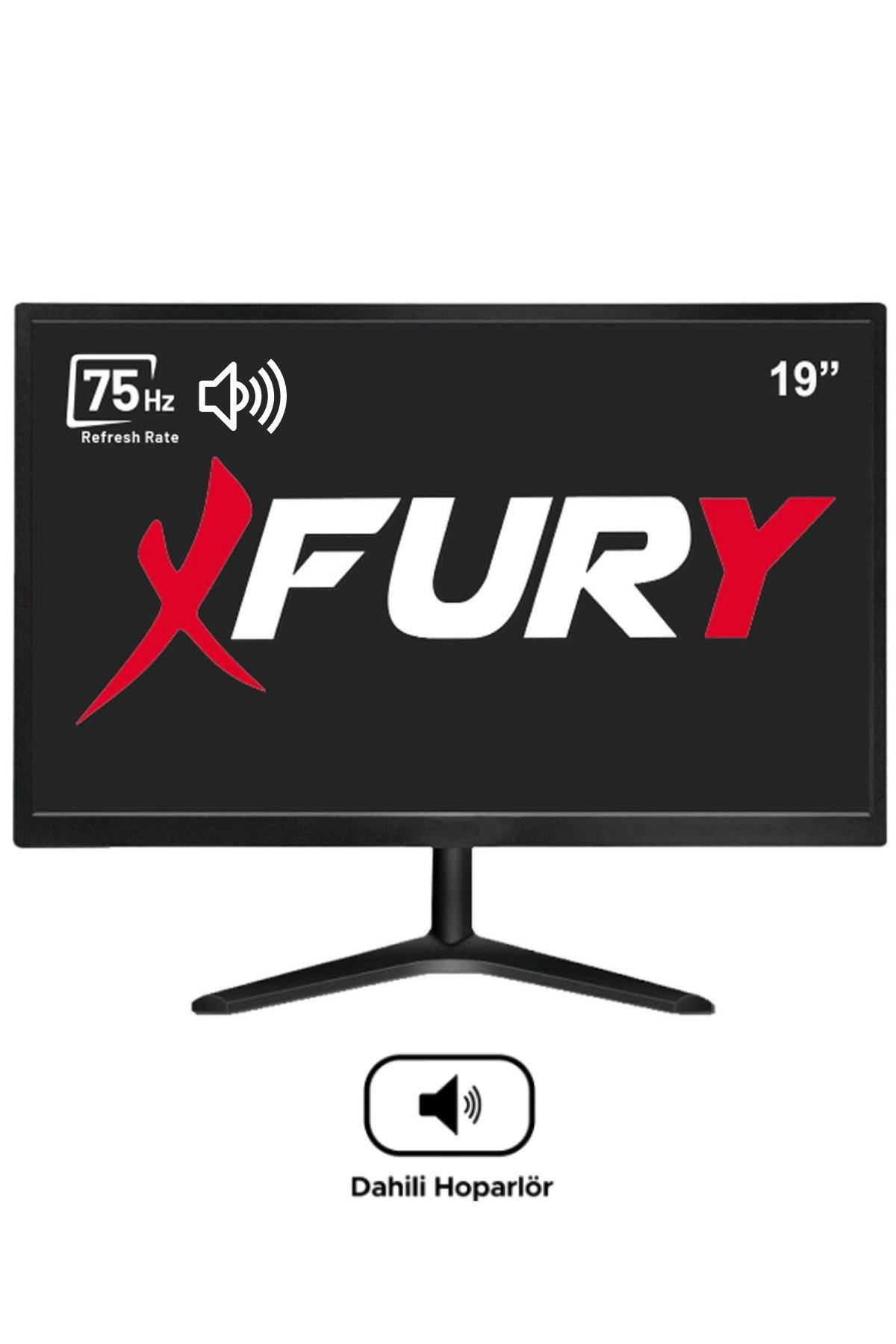 FURY yazılı, 75 Hz yenileme hızına, hoparlör simgesine ve dahili hoparlörlere sahip 19 inç monitör.
