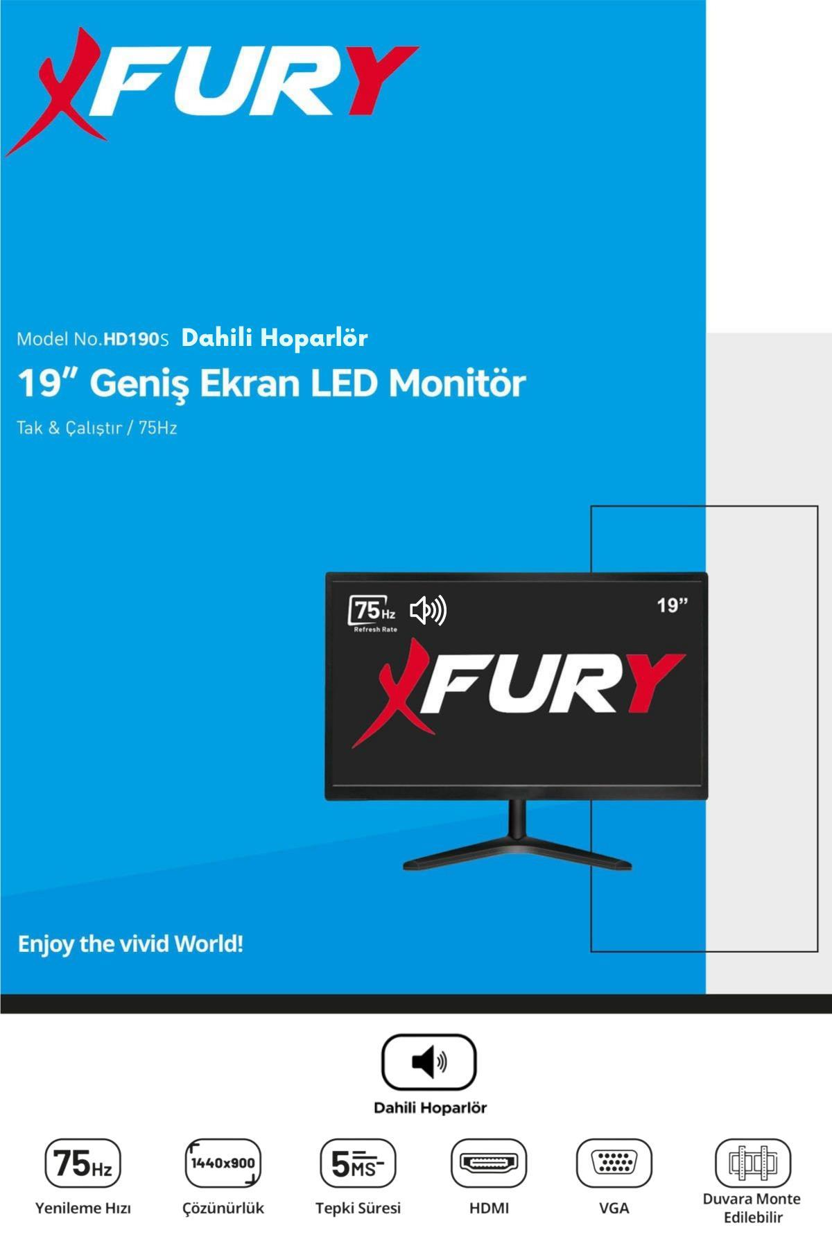Ürün özelliklerine sahip 19 inç Fury LED monitör için tanıtım afişi.