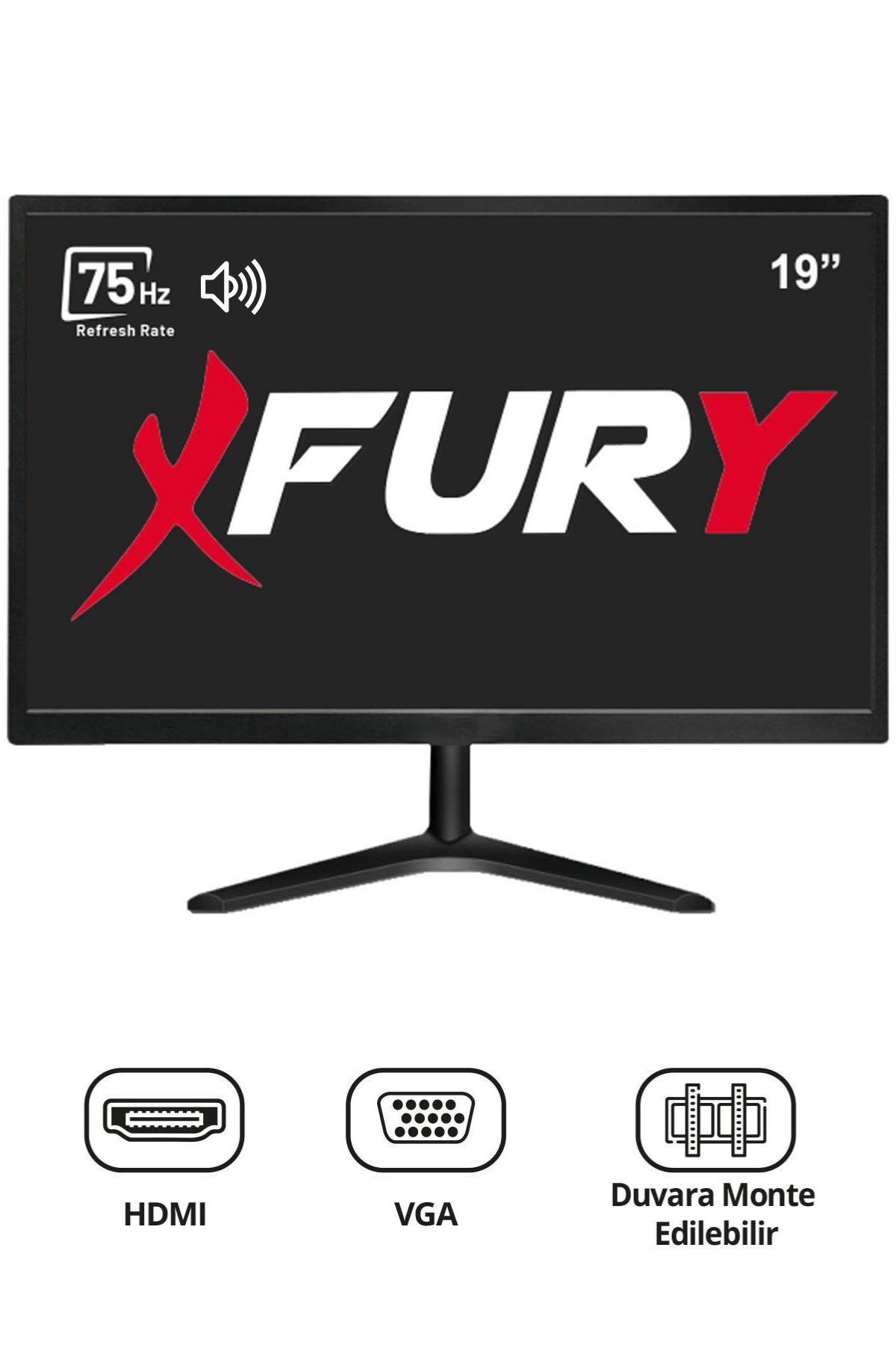 Fury logolu, HDMI, VGA bağlantı noktalarına ve duvar montajına sahip 19 inç monitör.