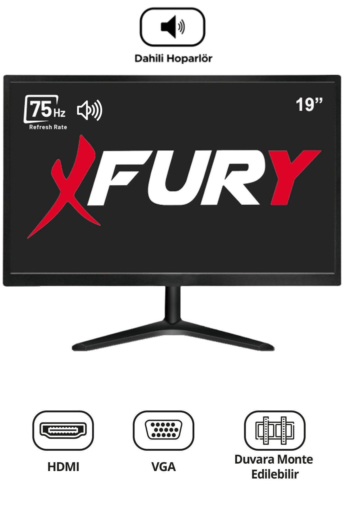 Fury logolu, hoparlörlü, HDMI, VGA ve duvara monte edilebilir 19 inç monitör.