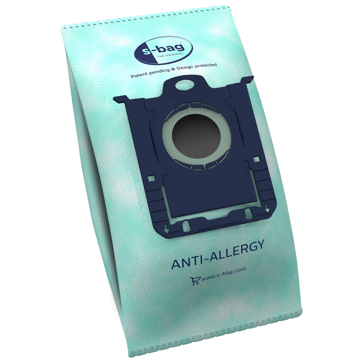 Una bolsa de aspiradora antialérgica azul con el logotipo s-bag sobre fondo verde menta.