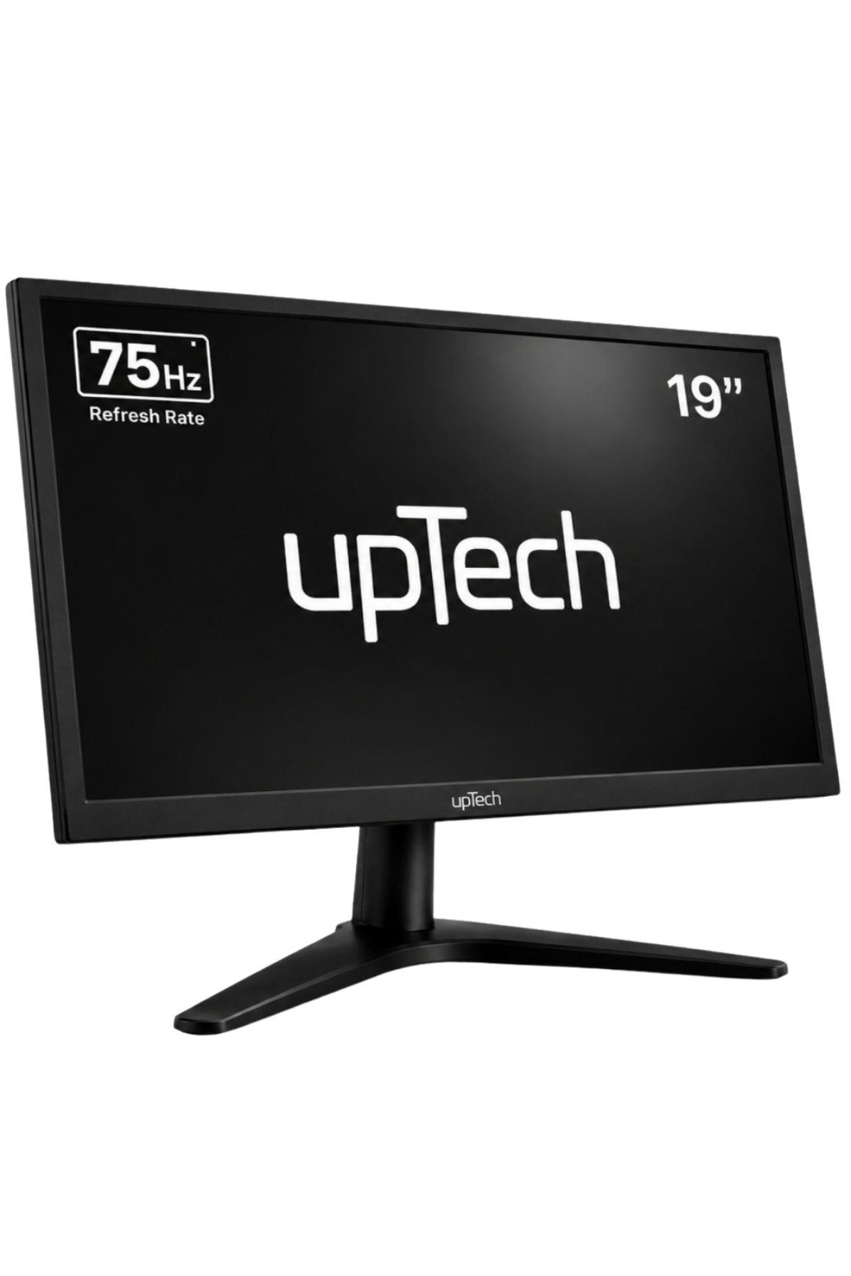 V şekilli ayaklı, 75 Hz yenileme hızına sahip siyah upTech 19 inç monitör.