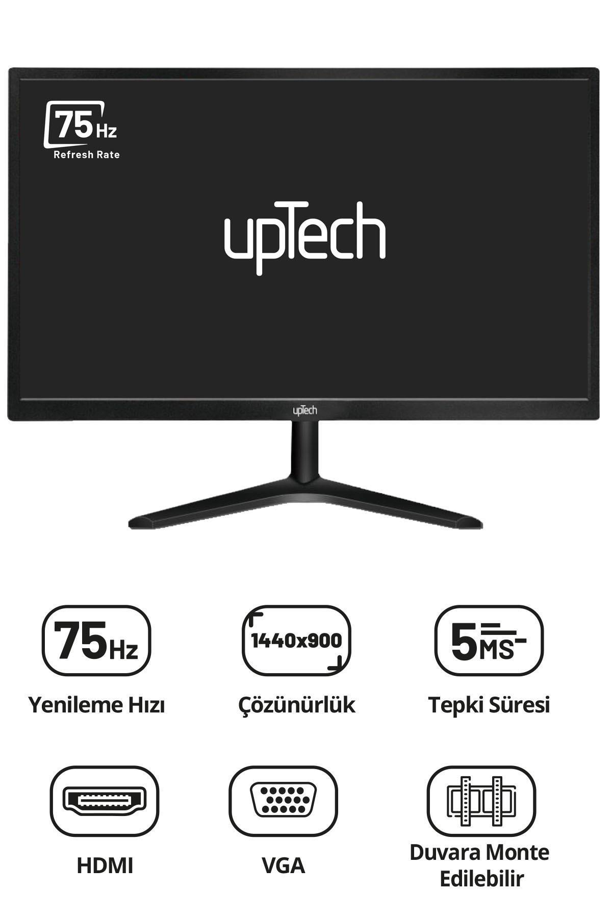 75Hz yenileme hızına sahip Uptech monitör; altında 1440x900 çözünürlük, 5ms tepki süresi, HDMI, VGA ve duvara monte simgeleri var.