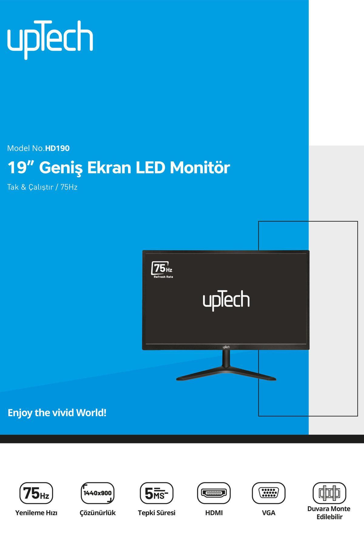 Teknik özelliklere sahip 19 inç uptech LED monitör için mavi reklam afişi.