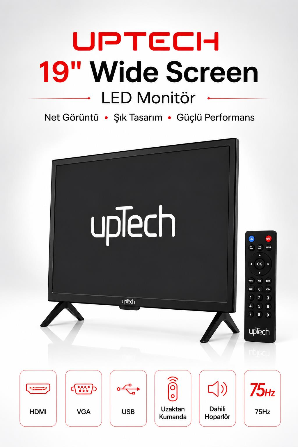 Ayakları, uzaktan kumandası ve altta bağlantı simgeleri olan siyah Uptech 19 inç LED monitör.