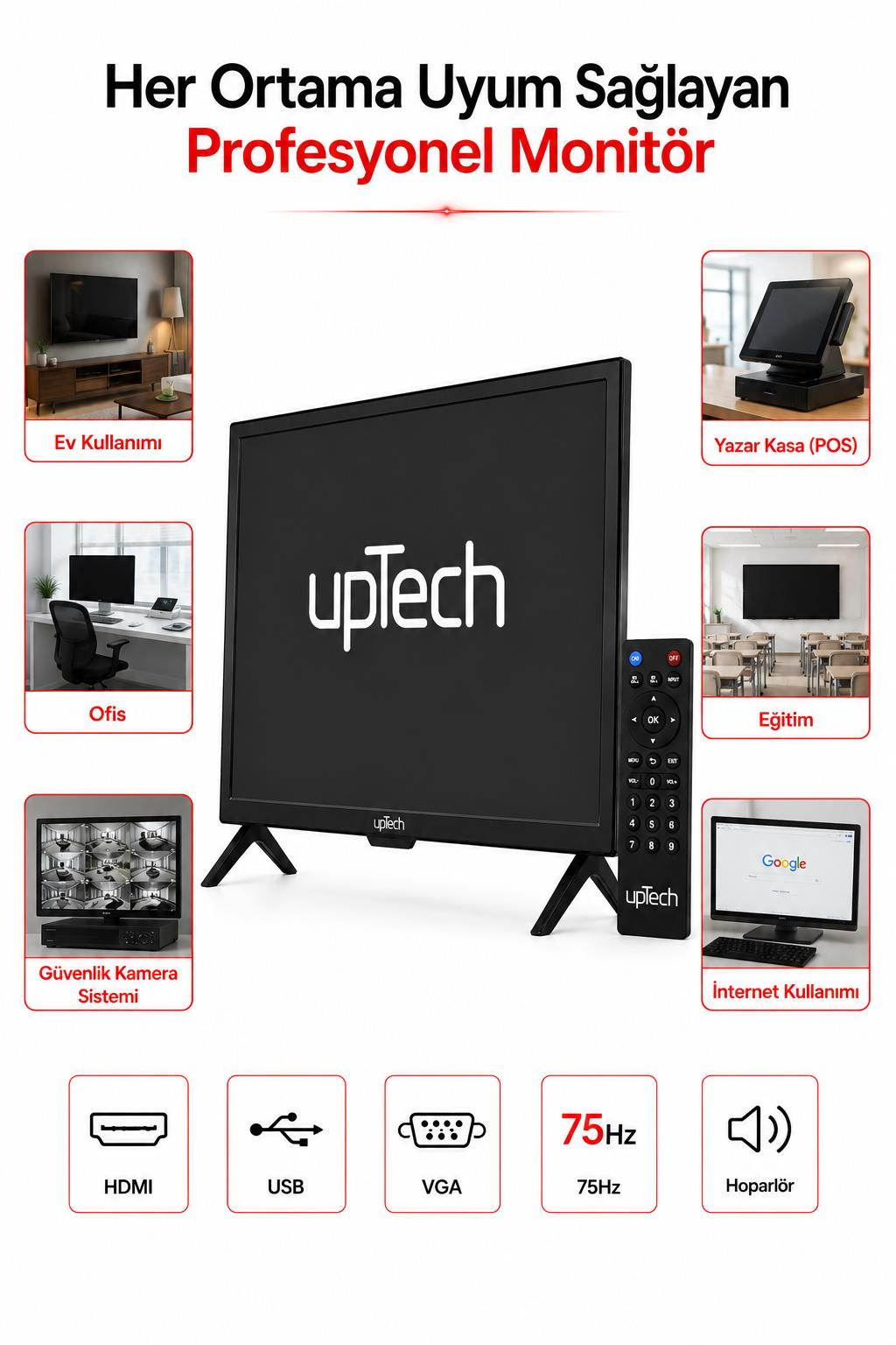 Uzaktan kumandalı, kullanım alanları ve bağlantı portları gösterilen upTech monitör.