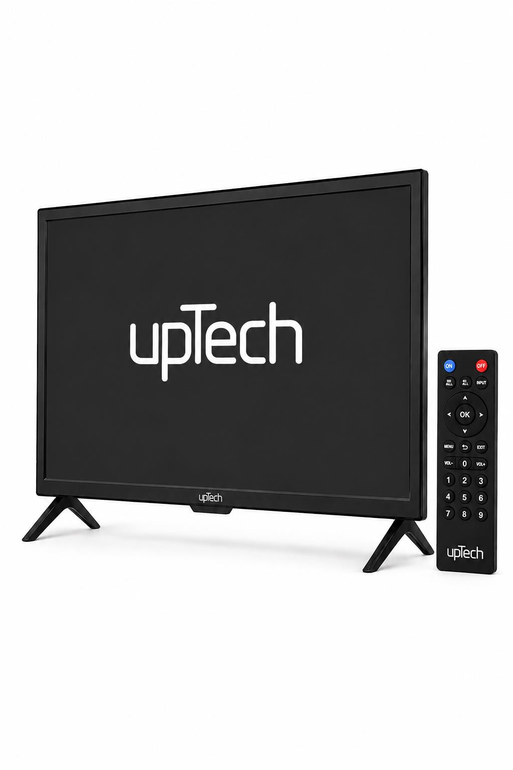 Beyaz arka planda ayaklı siyah upTech televizyon ve uzaktan kumandası.