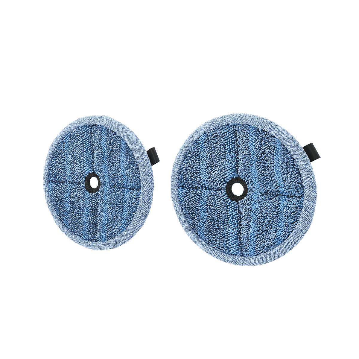 Dos almohadillas de mopa de microfibra azules y redondas con un agujero central sobre fondo blanco.