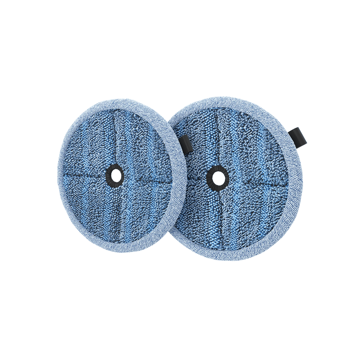 Dos almohadillas de mopa de microfibra azules y redondas con un agujero central sobre fondo blanco.