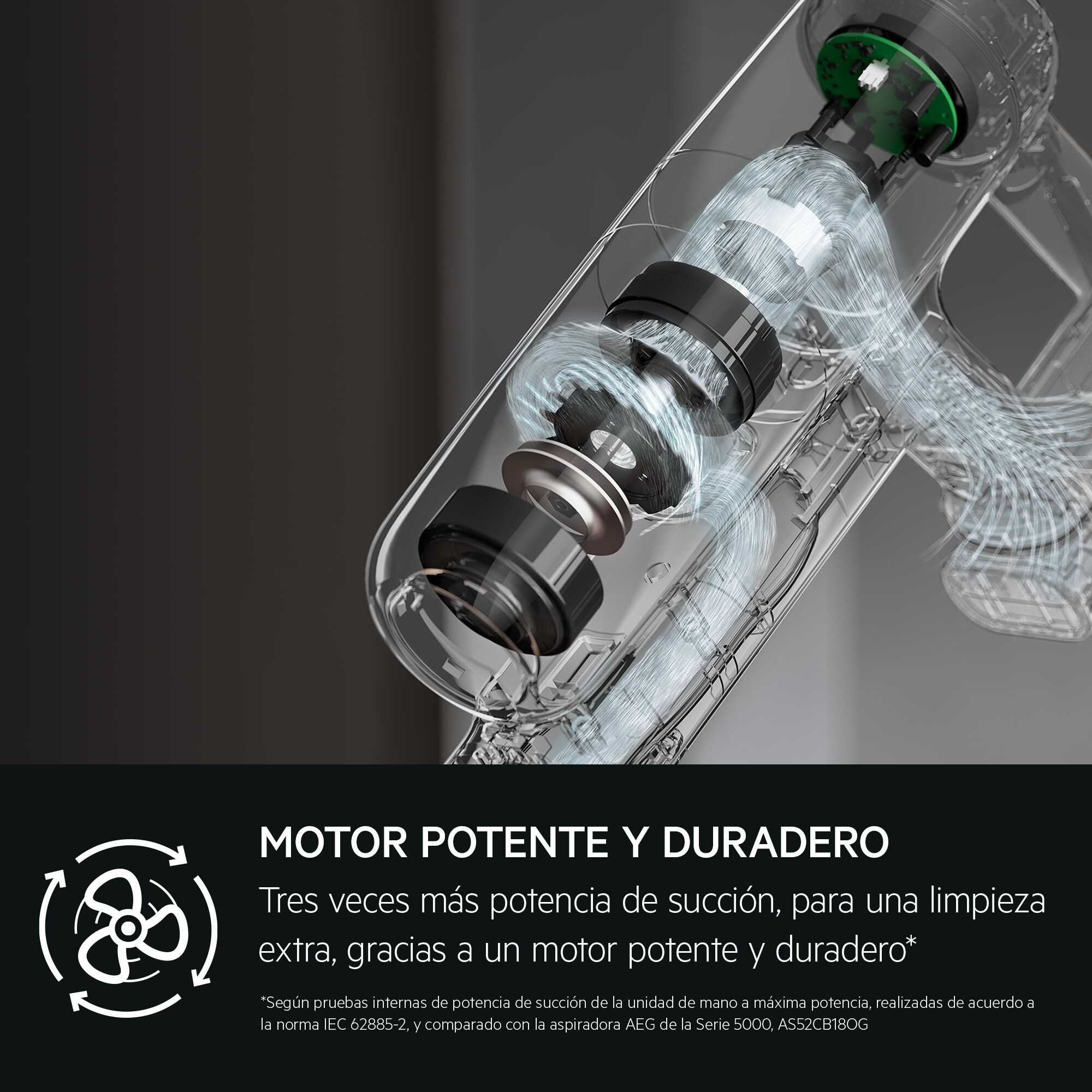 Interno di aspirapolvere trasparente con flussi d'aria e componenti del motore e testo promozionale.
