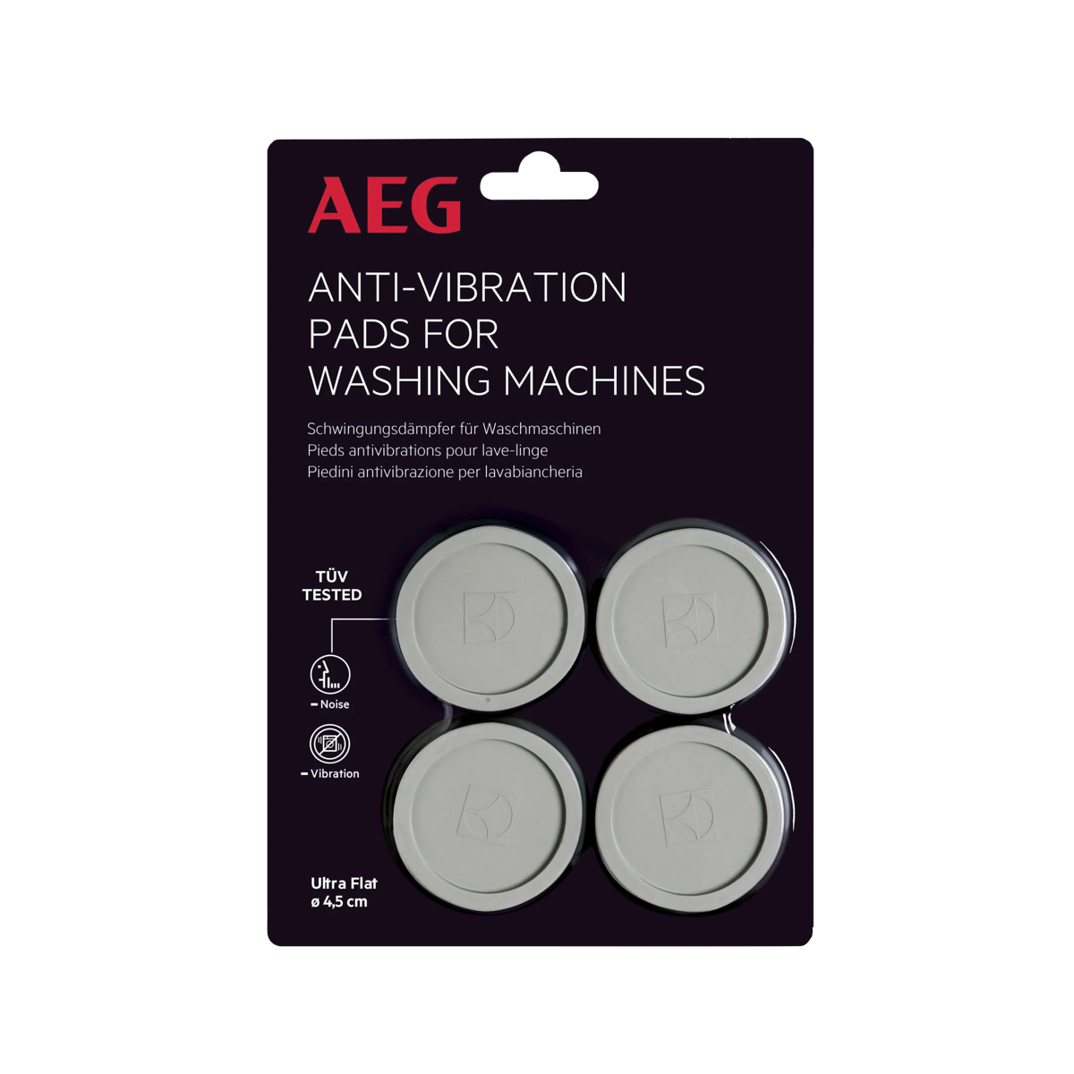Almohadillas antivibración AEG para lavadoras en embalaje negro con cuatro almohadillas redondas grises.