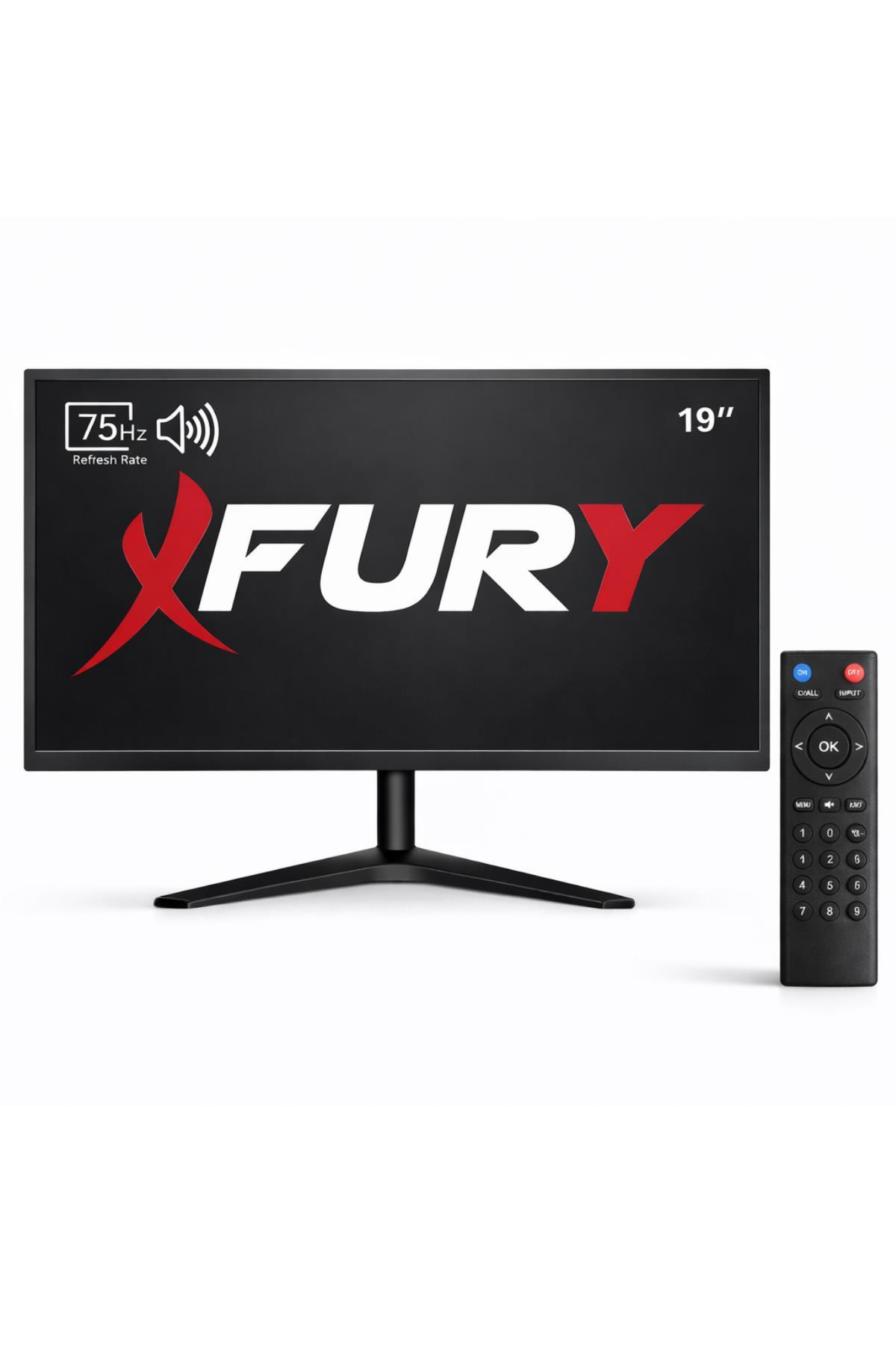 Beyaz arka plan önünde stant ve uzaktan kumandalı siyah 19 inç Fury monitör.