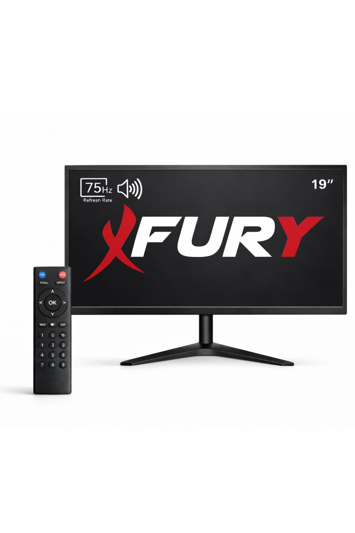 Beyaz arka planda logosu ve solunda uzaktan kumandası olan siyah 19 inç Fury monitör.