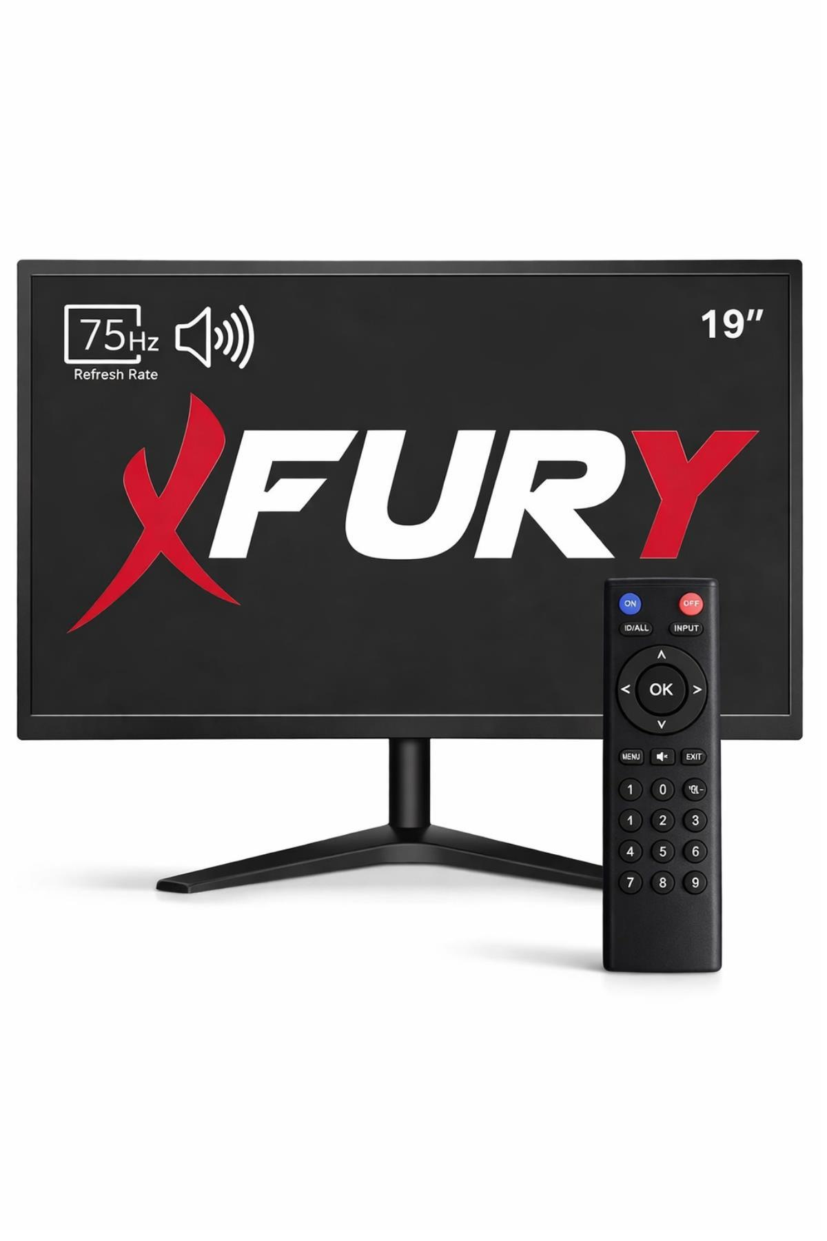 Fury logolu, 75Hz yenileme hızı ve ses simgeli siyah 19 inç monitör, önünde siyah bir uzaktan kumanda.