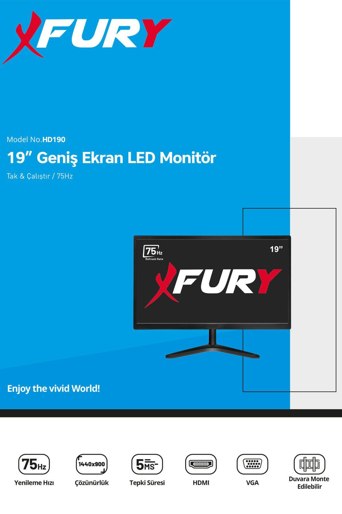 Mavi ve beyaz detaylara sahip 19 inç Fury LED monitör için ürün afişi.