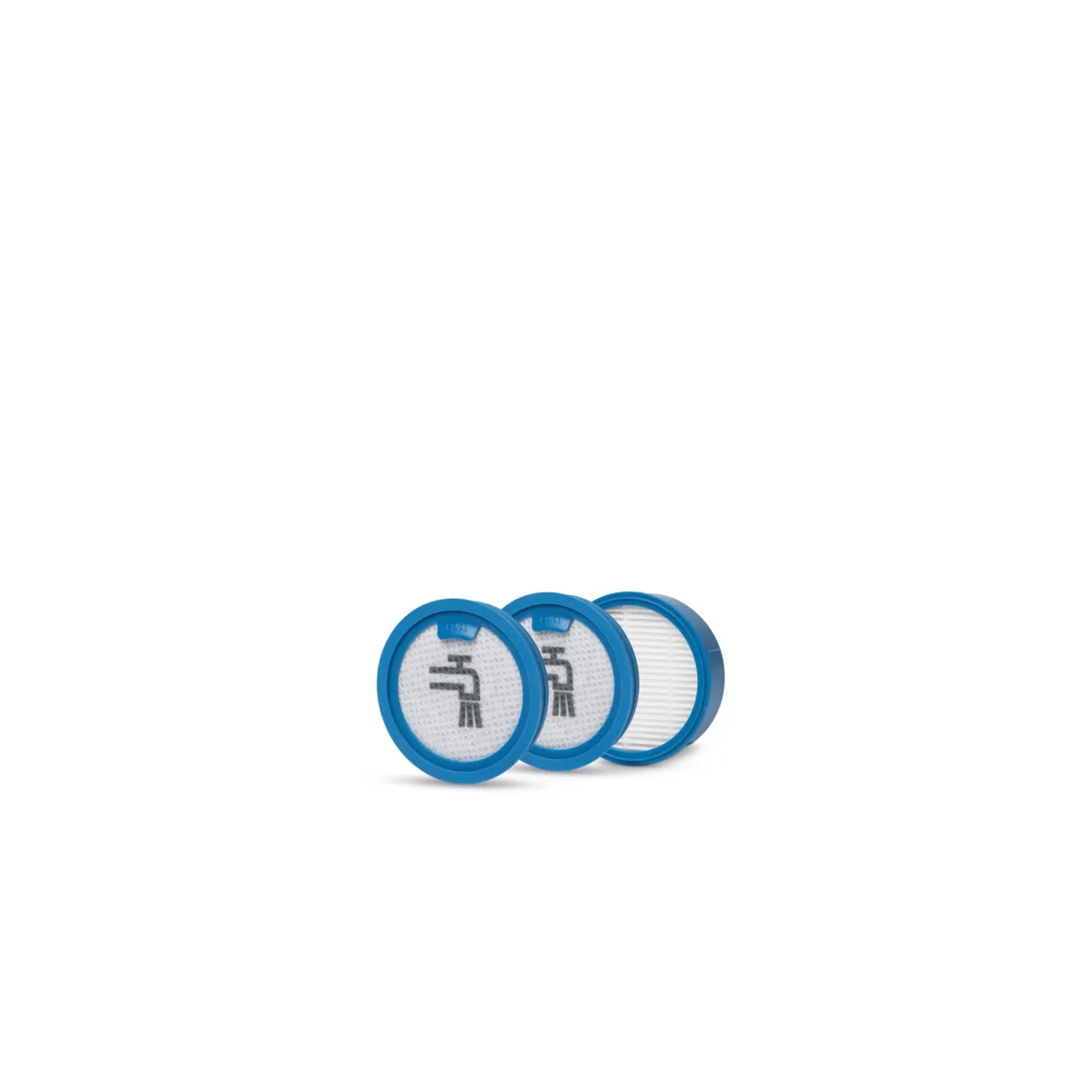 Tres filtros azules redondos con un icono de grifo sobre fondo blanco.