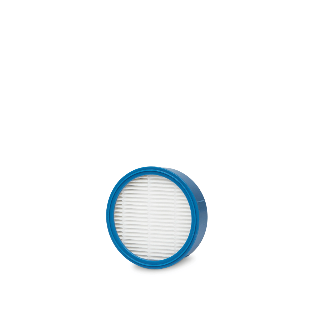 Filtro azul redondo con núcleo plisado blanco sobre fondo blanco.