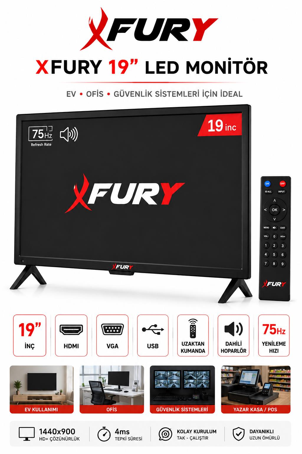 Uzaktan kumandalı, HDMI, VGA, USB, dahili hoparlörlü ve 75Hz XFURY 19 inç LED monitör.