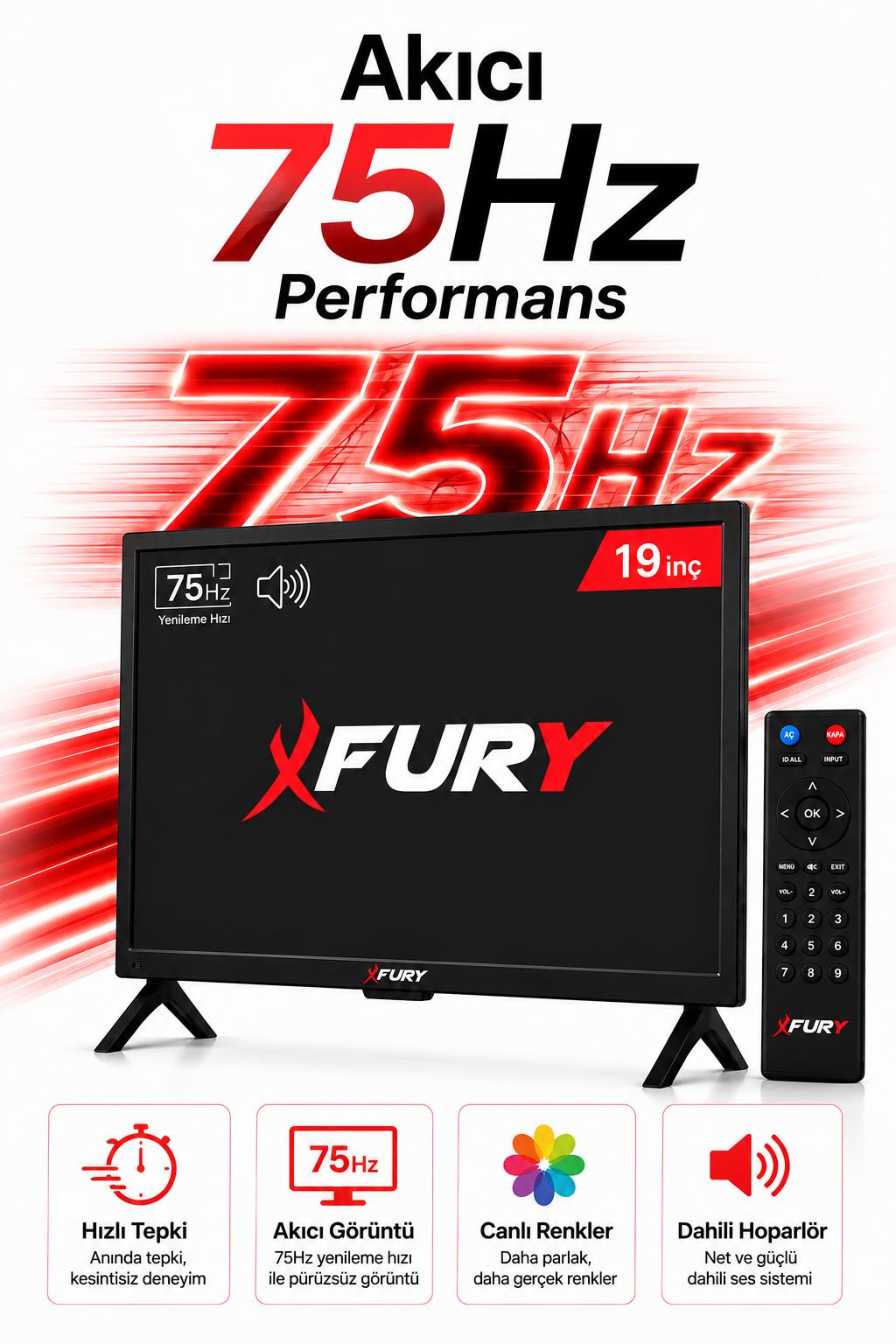 75Hz performans sunan 19 inç Fury monitör, uzaktan kumanda ve özellik simgeleri.