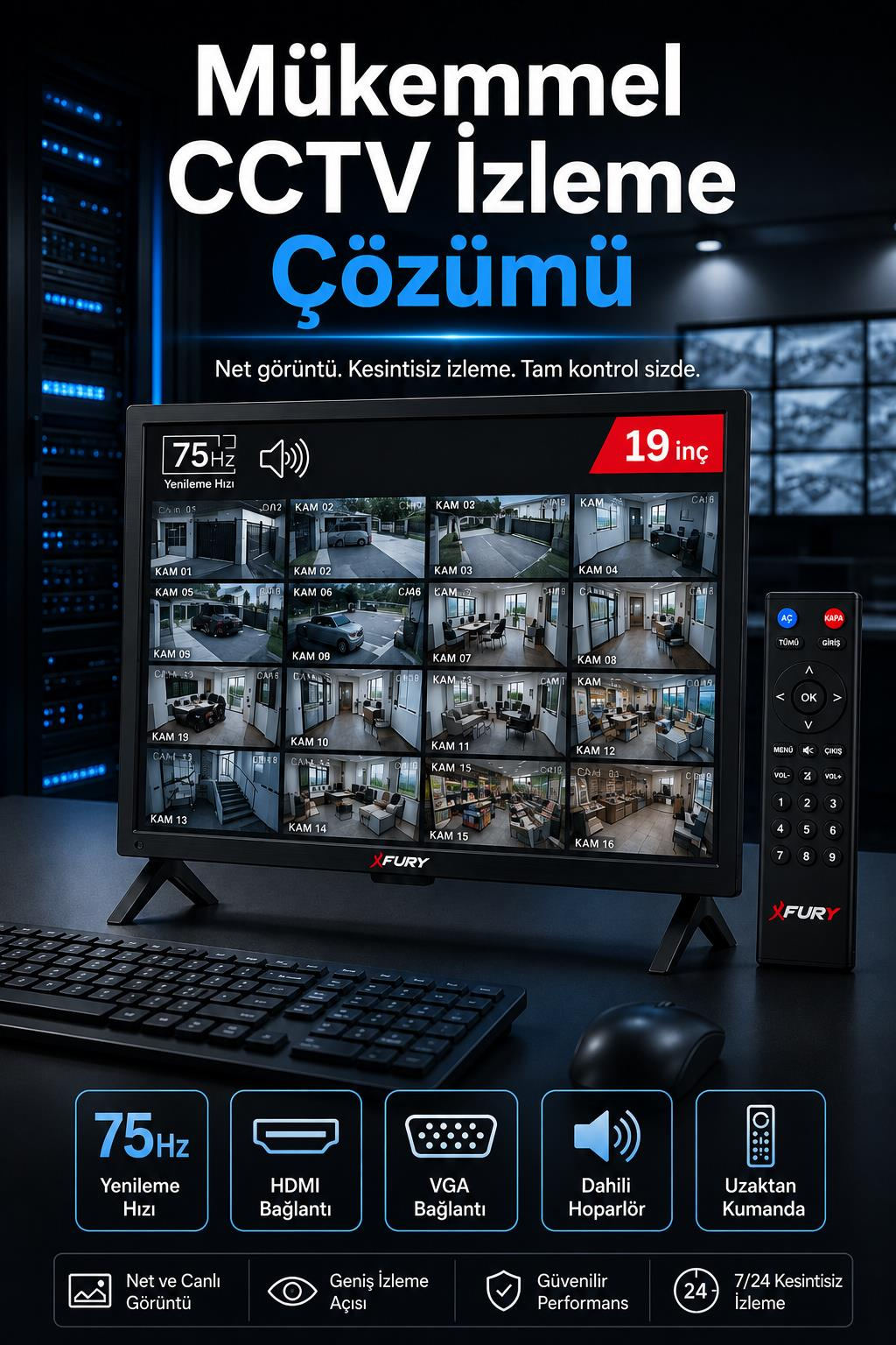 Klavye, fare ve uzaktan kumanda ile çoklu kamera görüntüsü sunan güvenlik monitörü.