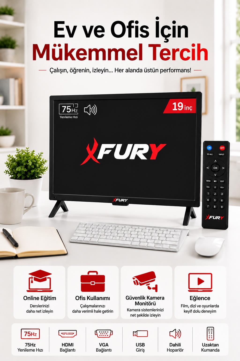 Beyaz klavye, fare, kumanda, defter ve kahve kupasının bulunduğu masada siyah Fury monitör.