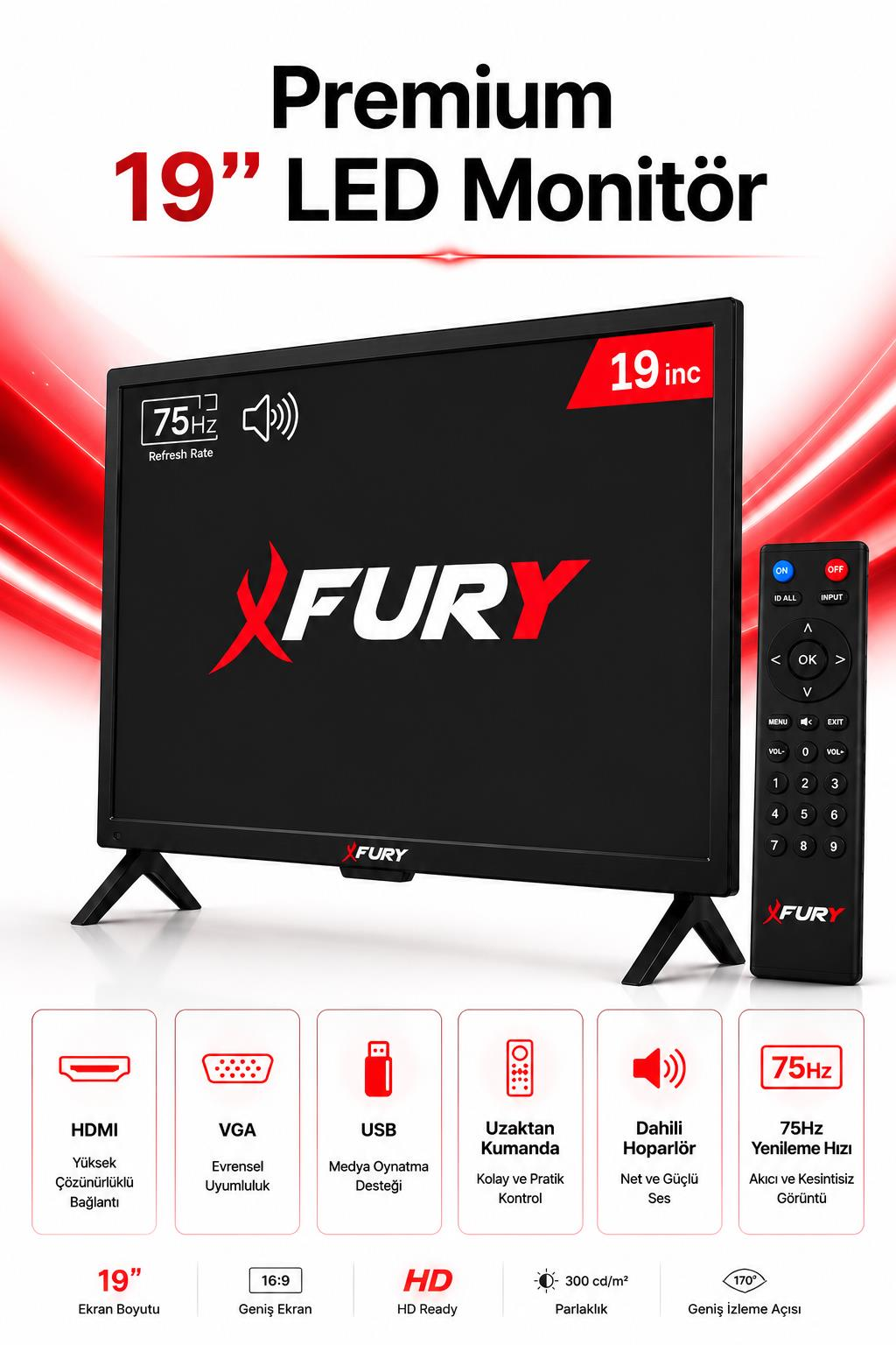 Uzaktan kumandalı ve özellik simgeli premium 19 inç LED monitör.