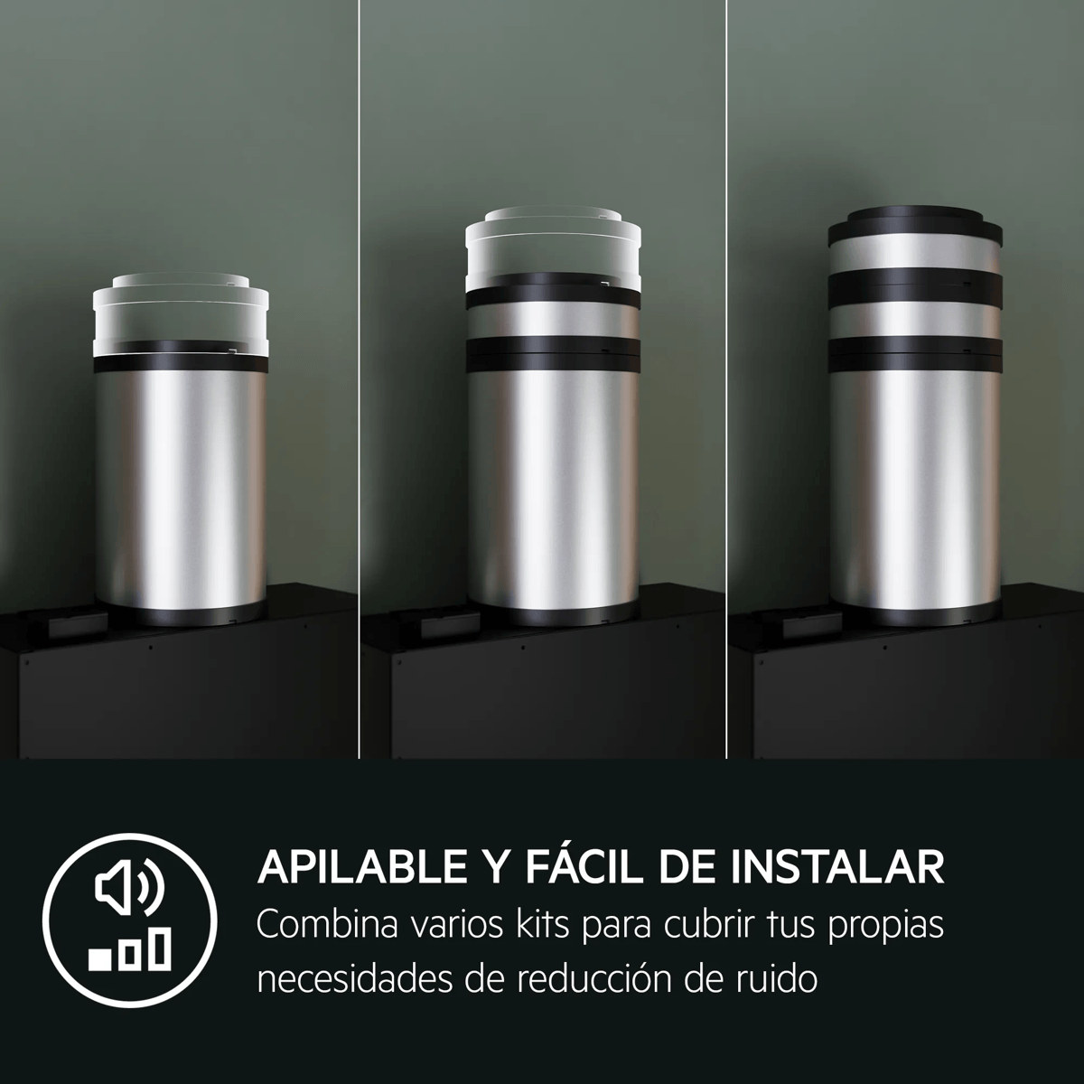 Tres pasos muestran un módulo de reducción de ruido apilable plateado y negro en un mueble oscuro.