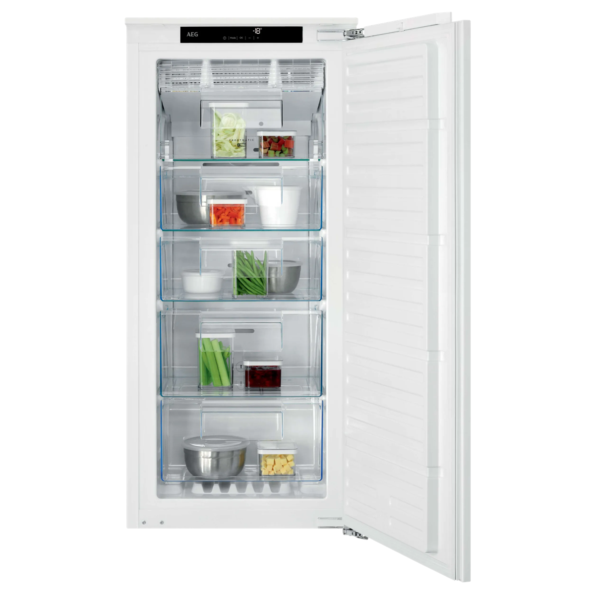 Un congelador vertical AEG blanco con la puerta abierta, interior iluminado y cajones transparentes llenos.