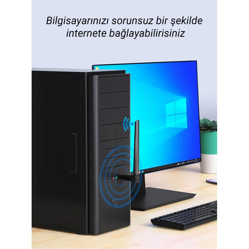 Masada USB Wi-Fi adaptörlü masaüstü bilgisayar, üstte Türkçe yazı.