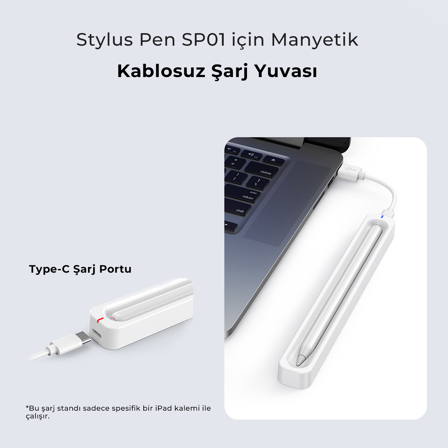 Dizustu bilgisayara bagli, Type-C portlu, stylus kalemler icin beyaz manyetik kablosuz sarj cihazi.