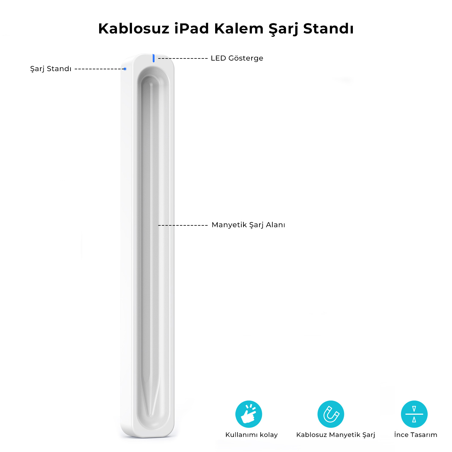 LED göstergeli, manyetik şarj alanına ve ince tasarıma sahip beyaz kablosuz Apple Pencil şarj standı.