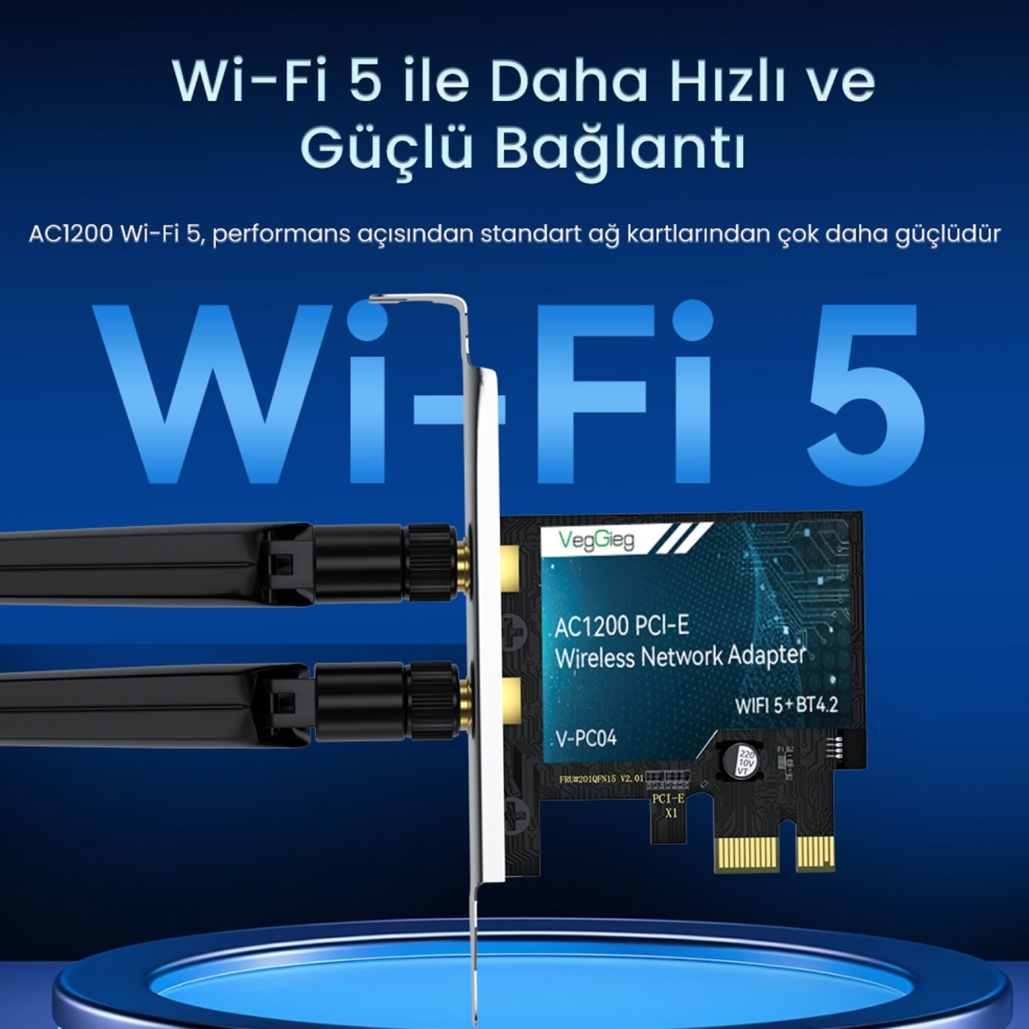 Mavi arka planda iki siyah antenli AC1200 PCI-E kablosuz ag karti.