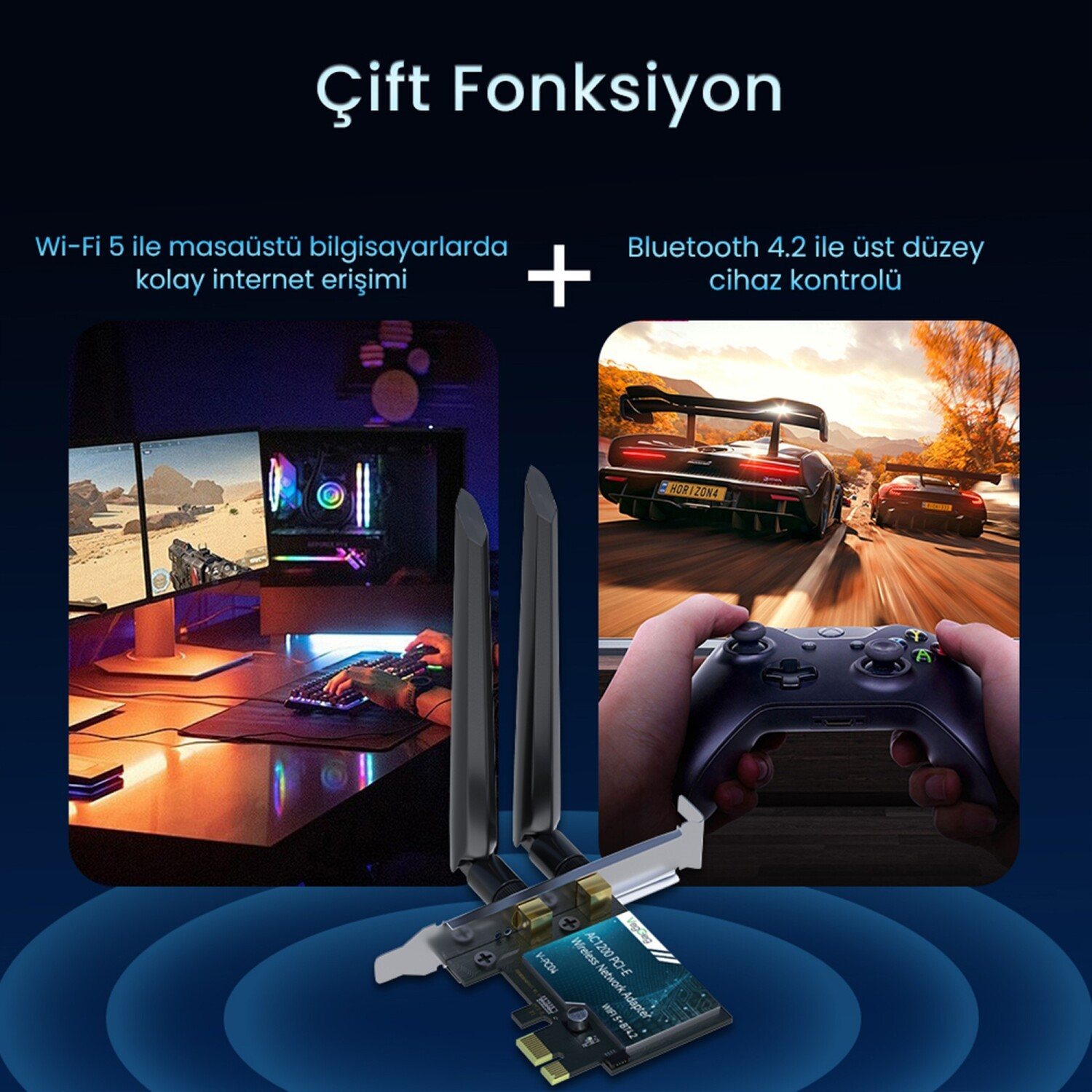 Wi-Fi 5 ile internet ve Bluetooth 4.2 ile oyun kontrolü sunan çift fonksiyonlu adaptör.